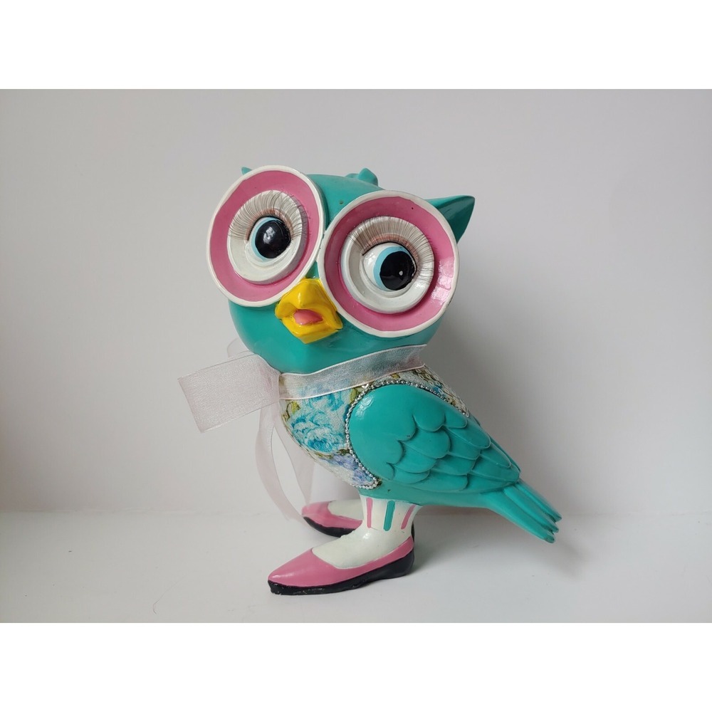 Crate & Barrel fancy owl statue eyelashes‎ pink and teal 7"